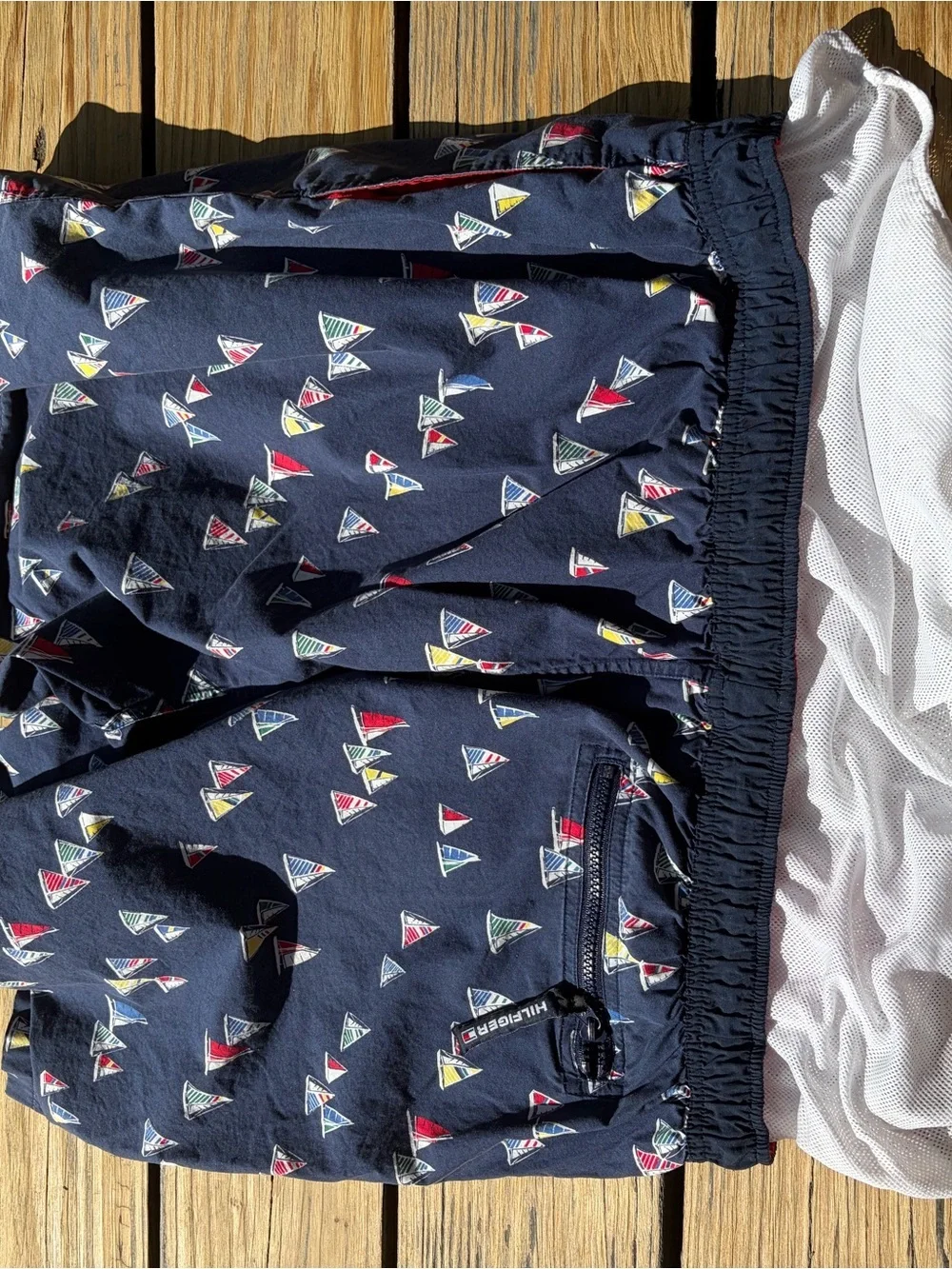 TOMMY TRUNKS Navy Swim Trunks with Multicolor Sail Pattern VINTAGE XL